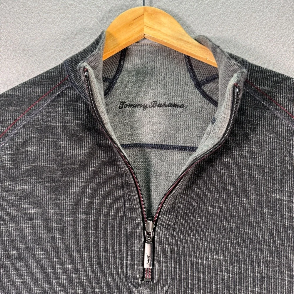 Tommy‎ Bahama Reversible Half Zip Sweater Mens Large Gray Knit Classic Comfort